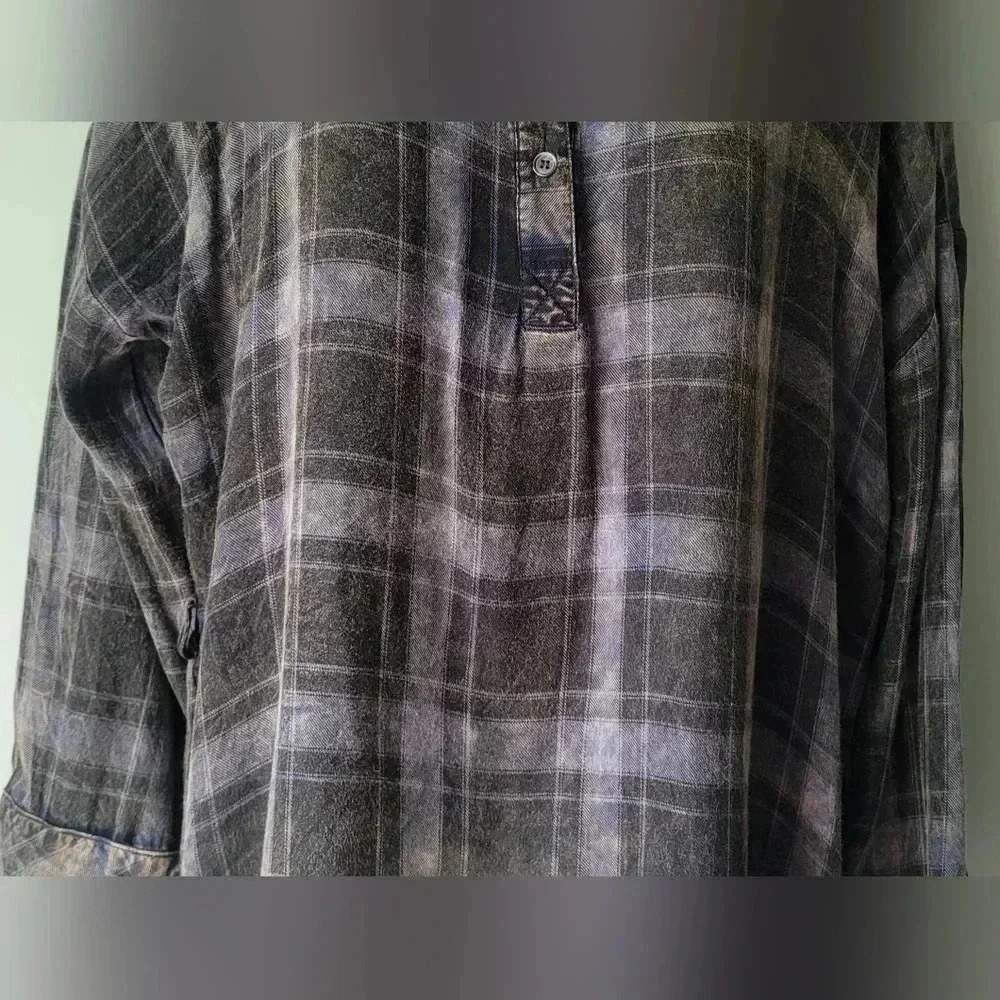 Mystree Blue & Black Plaid Half Button Hi Lo Collar Tunic Top size large - Picture 5 of 11
